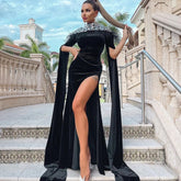 High Neck Long Sleeve Mirrors Crystals Maxi Prom Dress